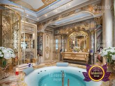 an ornate bathroom with a jacuzzi tub and large mirror on the wall above it