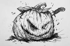 a black and white drawing of a pumpkin