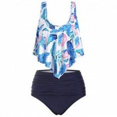 Leaf Print Flounce Plus Size High Waisted Bikini Set  - MIDNIGHT BLUE Plus Size High Waisted Bikinis, Swimwear Women, Swimsuits High Waisted, Plus Size Swimsuits, Leaf Print, Tankini Top, Women Swimsuits, Shapewear