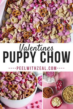 valentine's puppy chow recipe with pink and red sprinkles in bowls