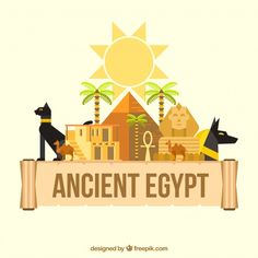 an ancient egypt banner with two dogs and the sun in the sky above it,