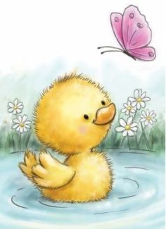 a little yellow duckling in the water with a butterfly on its back