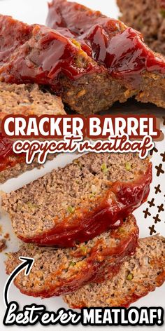 sliced meatloaf on a white plate with the words cracker barrel appetizers