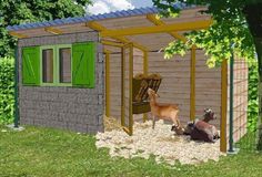 two goats are standing in the yard next to a shed with green doors and windows