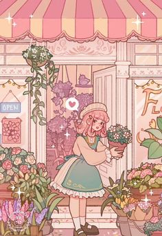 a girl holding flowers in front of a flower shop