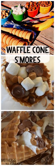 waffle cone s'mores with chocolate and marshmallows on top