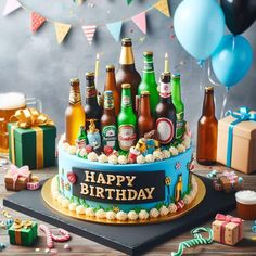 a birthday cake with beer bottles on it