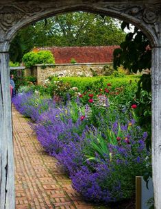 a garden filled with lots of purple and red flowers next to a brick walkway surrounded by greenery