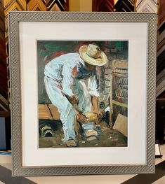 a painting of a man working on something in a room filled with wood and other items