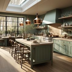 a kitchen filled with lots of green cabinets and counter top next to a wooden floor