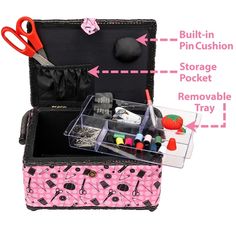 an open suitcase with sewing supplies inside and instructions on how to use the scissors, pin cushion, storage pocket, removable tray