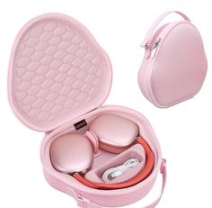 an open pink case with ear buds inside