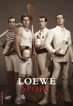 three men in white uniforms are posing for a poster with the words loewe sport on it