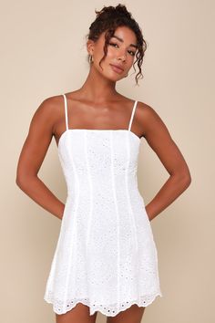 The Lulus Summer Cutie White Eyelet Embroidered Sleeveless Mini Dress is ready to put a smile on everyone's faces all season long! Lightweight woven cotton boasts pierced eyelet embroidery as it shapes this summery dress that falls from adjustable spaghetti straps into a straight neckline. Fitted bodice boasts seam detailing that continues through the figure-skimming waist and A-line skirt that ends at a scalloped mini hem. Hidden side zipper/clasp. Fit: This garment fits true to size. Length: M White Eyelet Dress, Eyelet Embroidery, Lulu Fashion, White Dress Summer, Eyelet Dress, White Eyelet, Smile On, Sleeveless Mini Dress, Woven Cotton