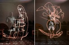 two pictures with light painting in the middle one shows a man and woman standing next to each other