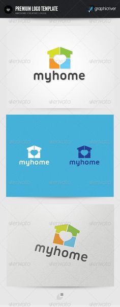 the logo for myhome is shown in three different colors and font styles, including blue