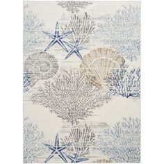 an area rug with shells and starfishs on the beach in blue, beige and white