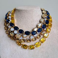 Colorado topaz crystal riviere, navy blue necklace, Georgian paste champagne collette, topaz yellow anna wintour necklace, white opal gold by FashionLILLA on Etsy Montana Sapphire, Opal Necklace, White Opal, Gorgeous Necklaces