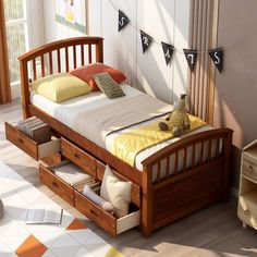 a wooden bed with drawers underneath it in a room filled with white and yellow furniture