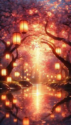 lanterns floating in the air over a body of water with trees and flowers on either side