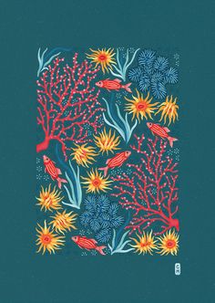 an illustration of corals and seaweed on a blue background