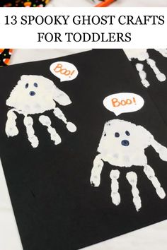 three handprinted ghost crafts for toddlers with text overlay that reads, 13 spooky ghost crafts for toddlers