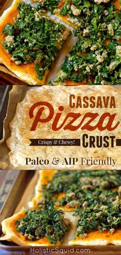 pizza crust with spinach and cheese on top