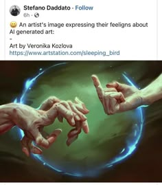 two hands reaching out towards each other in front of a circular blue ring with text that reads, steano dadato - follow an artist's image expressing their feelings about