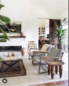 a living room filled with furniture and a fire place next to a large potted plant