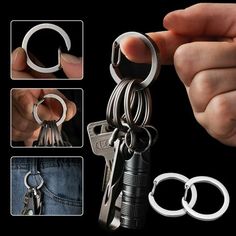 there is a keychain with two keys attached to it and four different images