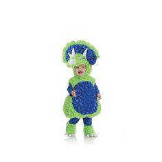 a small child in a green and blue costume with horns on it's head