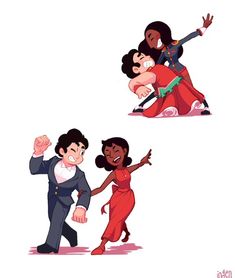 three cartoon characters in different poses, one is dancing and the other is holding his arm out