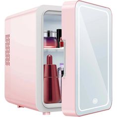 a pink mini refrigerator with its door open