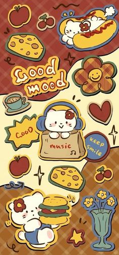 an image of some food and stickers on a table with the words good mood