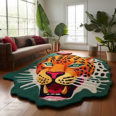 a living room with a large rug that has a tiger on it