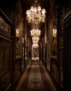 an ornate hallway with chandeliers and paintings on the walls, along with carpeted flooring