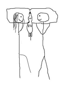 a drawing of two people standing in front of each other with one holding the other's head