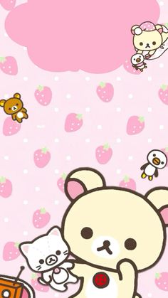 an image of a cartoon bear and cat on a pink background with strawberry wallpaper