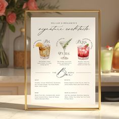 a menu for cocktails and drinks on a table