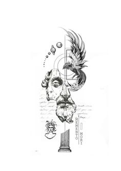 an ink drawing of a man's face with feathers and other things on it