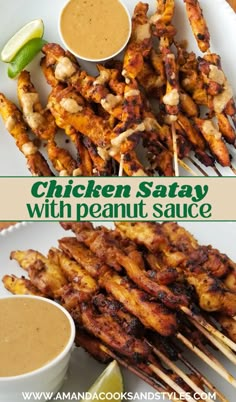 Chicken Satay Skewers with Peanut Sauce - Delicious Southeast Asian marinated grilled chicken skewers served with a creamy peanut dipping sauce. Chicken Skewers Marinade, Grilled Chicken Satay, Chicken Satay With Peanut Sauce, Satay Skewers, Chicken Kebab, Chicken Skewer Recipe