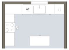 the floor plan for a small kitchen with an island and countertop space, as well as a dining area