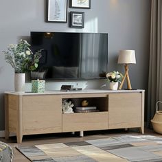 a living room scene with focus on the tv and rugs in front of it