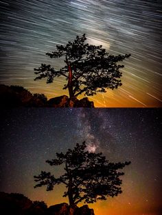 the night sky with stars and trees in it, as well as an image of the milky