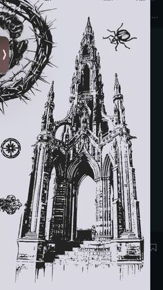 Cathedral Arm Tattoo, Medieval Castle Tattoo, Cathedral Architecture Drawing, Brutalist Tattoo, Gothic Church Drawing, Cathedral Tattoos, Cathedral Tattoo Design, Gothic Castle Tattoo