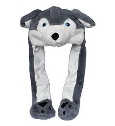 a gray and white stuffed animal with blue eyes wearing a grey and white dog scarf