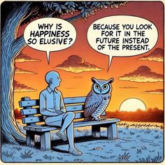 an owl sitting on top of a wooden bench next to a man in front of a tree