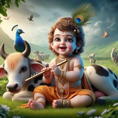 a baby sitting on the ground next to a cow with a flute in its mouth