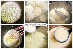 four pictures show the process of making soup