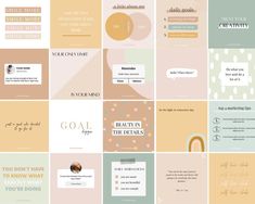 many different types of business cards with some type of text on them, all in pastel colors